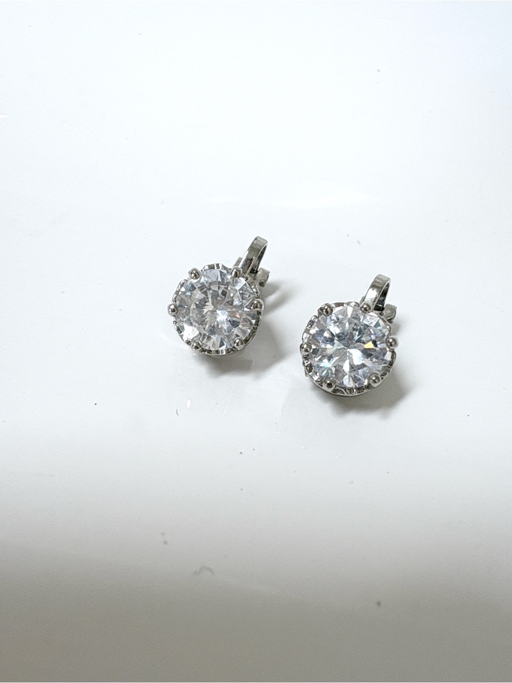 Vintage Silver Filigree Crown Clip On Earrings Faux Diamond CZ Round Brilliant